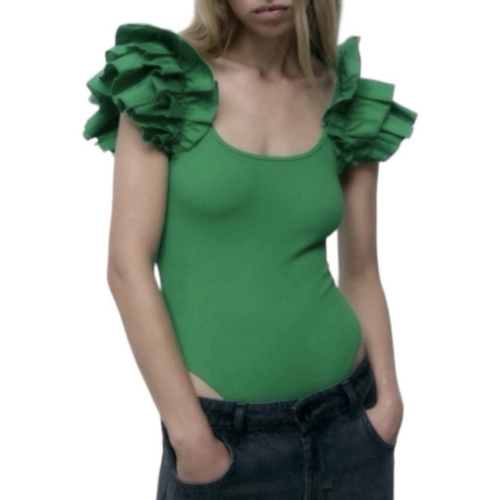Zara Green Ruffled Sleeve Bodysuit Women's Top Size Med NWT